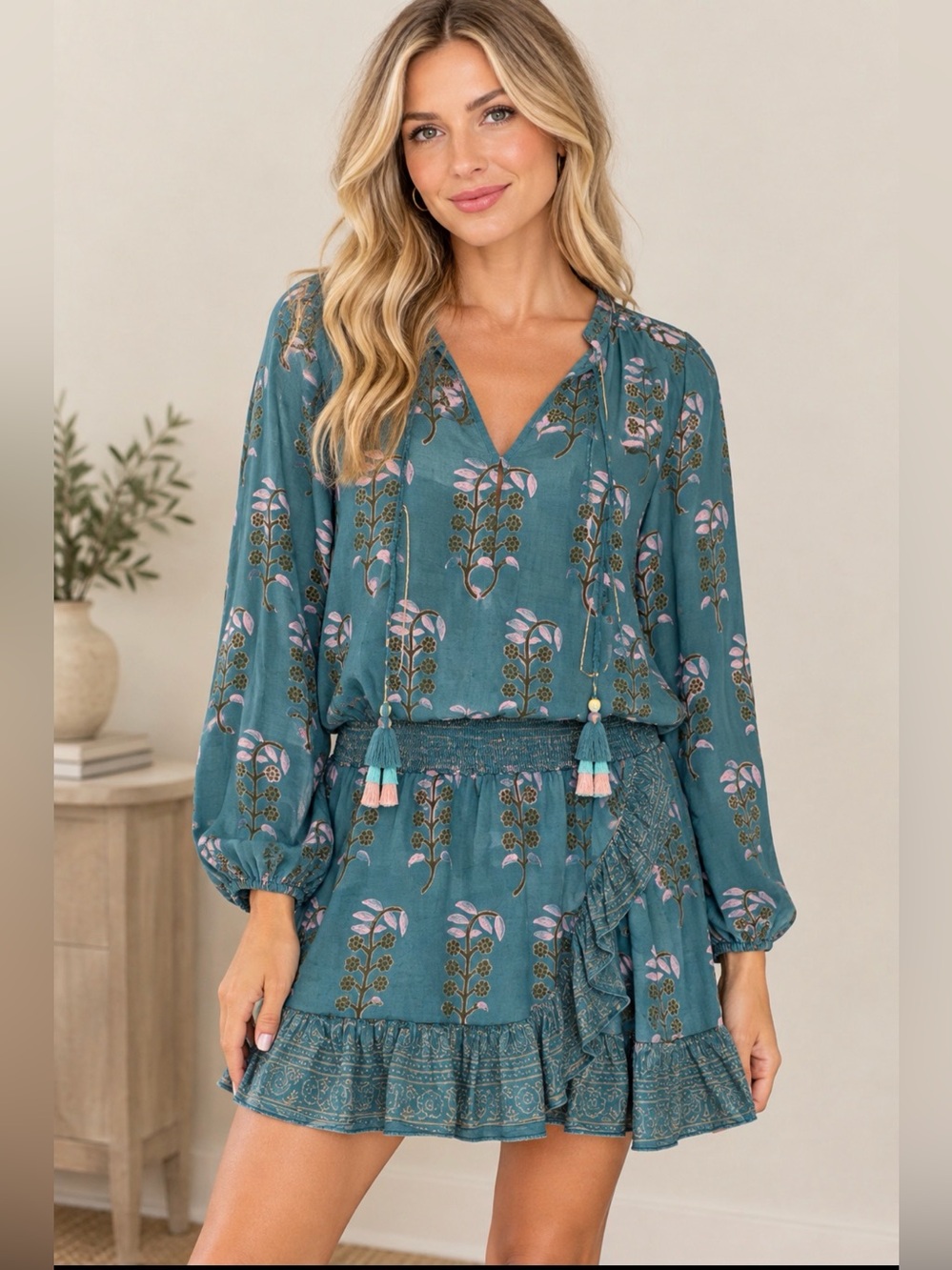 NWOT Bell by Alicia Bell Teal Silk Cotton Boho Tassel Wrap Mini Dress Size S